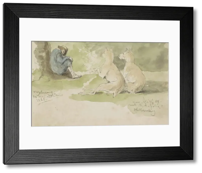 Framed Print : Man sitting against a stump with two dogs, 1868. Creator: Johannes Tavenraat Framed Print : Man sitting against a stump with two dogs, 1868. Creator: Johannes Tavenraat