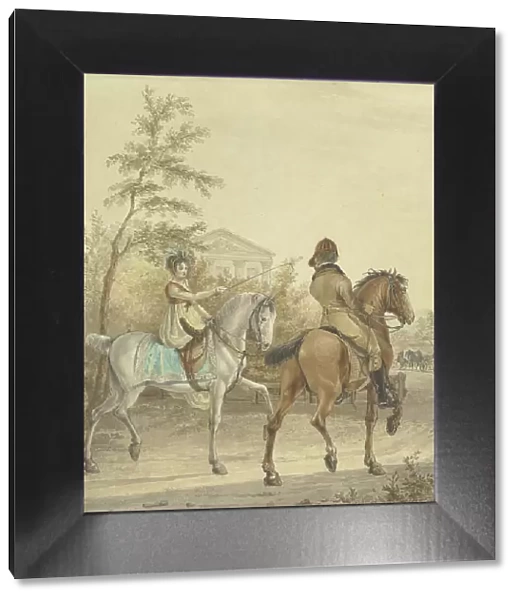 Man and a woman on horseback on a country road, 1802. Creator: Johannes Vinkeles