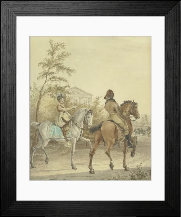 Framed Print : Man and a woman on horseback on a country road, 1802. Creator: Johannes Vinkeles Framed Print : Man and a woman on horseback on a country road, 1802. Creator: Johannes Vinkeles