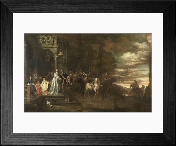 Framed Print : The Leavetaking of Captain Hendrik de Sandra (1619-1707), sent off by his Wife and Children, 1661. Creator: Pieter van Anraedt Framed Print : The Leavetaking of Captain Hendrik de Sandra (1619-1707), sent off by his Wife and Children, 1661. Creator: Pieter van Anraedt