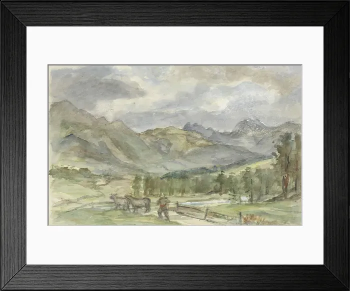 Framed Print : Mountain landscape with herdsman and two cows, 1834-1911. Creator: Jozef Israels Framed Print : Mountain landscape with herdsman and two cows, 1834-1911. Creator: Jozef Israels