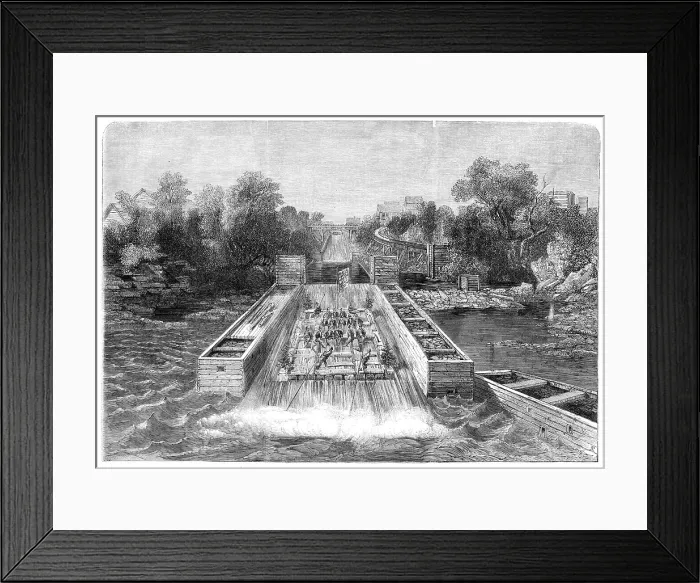 Framed Print : The Prince of Wales in Canada - His Royal Highness descending a timber-slide at Ottawa... 1860. Creator: Unknown Framed Print : The Prince of Wales in Canada - His Royal Highness descending a timber-slide at Ottawa... 1860. Creator: Unknown