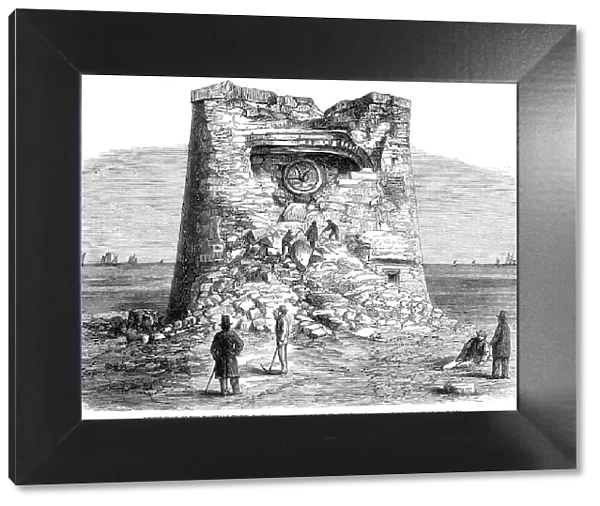 Destruction of the Martello Tower, Eastbourne, Sussex, by Sir W. Armstrong's guns, at a... 1860. Creator: Unknown