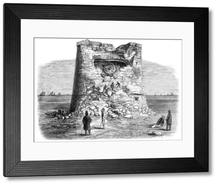 Framed Print : Destruction of the Martello Tower, Eastbourne, Sussex, by Sir W. Armstrong's guns, at a... 1860. Creator: Unknown Framed Print : Destruction of the Martello Tower, Eastbourne, Sussex, by Sir W. Armstrong's guns, at a... 1860. Creator: Unknown