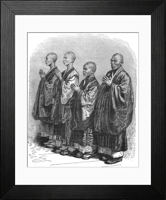 Framed Print : Bonzes praying; A European Sojourn in Japan, 1875. Creator: Unknown Framed Print : Bonzes praying; A European Sojourn in Japan, 1875. Creator: Unknown