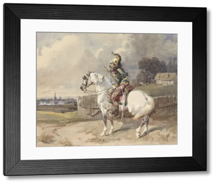 Framed Print : French dragoon on a white horse, 1825-1875. Creator: Théodore Fort Framed Print : French dragoon on a white horse, 1825-1875. Creator: Théodore Fort