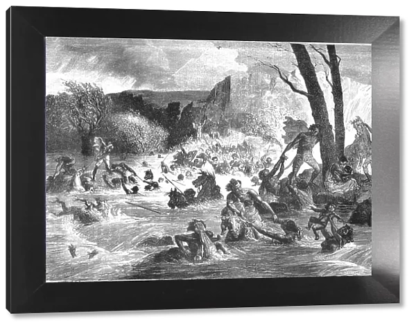 Army of Theodore overtaken by a flood crossing the Bashilo; A journey through Soudan... 1875. Creator: Unknown