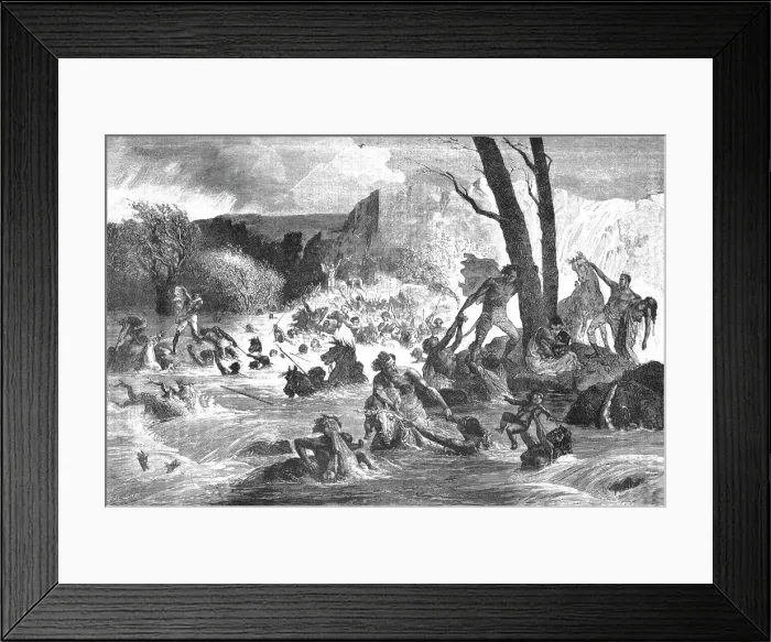 Framed Print : Army of Theodore overtaken by a flood crossing the Bashilo; A journey through Soudan... 1875. Creator: Unknown Framed Print : Army of Theodore overtaken by a flood crossing the Bashilo; A journey through Soudan... 1875. Creator: Unknown