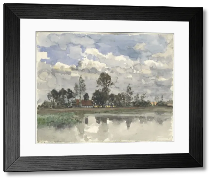 Framed Print : Trees reflecting in the water against a cloudy sky, 1845-1925. Creator: Julius Jacobus van de Sande Bakhuyzen Framed Print : Trees reflecting in the water against a cloudy sky, 1845-1925. Creator: Julius Jacobus van de Sande Bakhuyzen