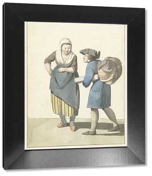 Fabric seller negotiating with a woman, 1700-1800. Creator: W. Barthautz