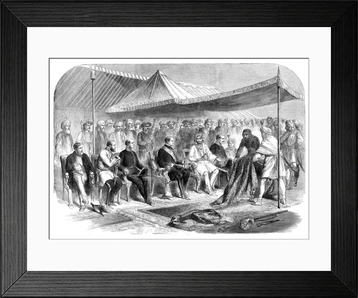 Framed Print : Interview at Sealkote, on the 9th March, between the Maharajah Runjeet Singh of Cashmere... 1860. Creator: Unknown Framed Print : Interview at Sealkote, on the 9th March, between the Maharajah Runjeet Singh of Cashmere... 1860. Creator: Unknown