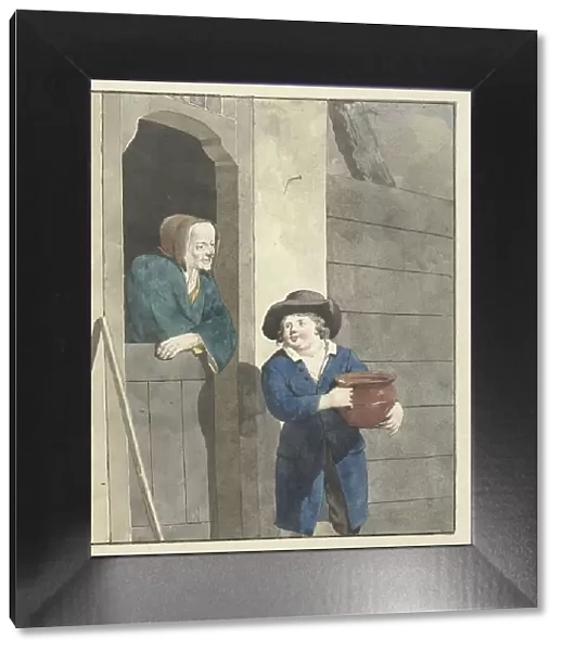 Boy with a pot with a woman leaning on a lower door, 1700-1800. Creator: W. Barthautz