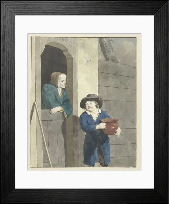 Framed Print : Boy with a pot with a woman leaning on a lower door, 1700-1800. Creator: W. Barthautz Framed Print : Boy with a pot with a woman leaning on a lower door, 1700-1800. Creator: W. Barthautz
