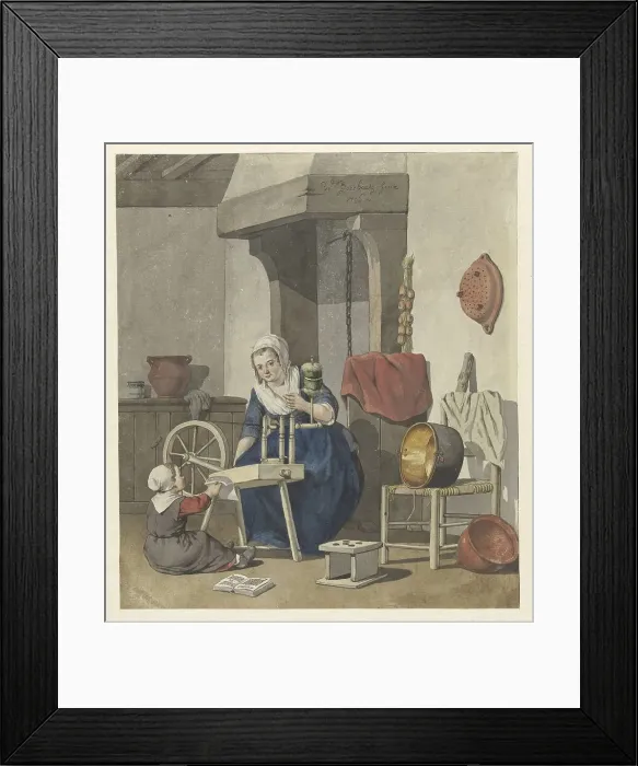 Framed Print : Interior with a spinning woman with a child, 1796. Creator: W. Barthautz Framed Print : Interior with a spinning woman with a child, 1796. Creator: W. Barthautz