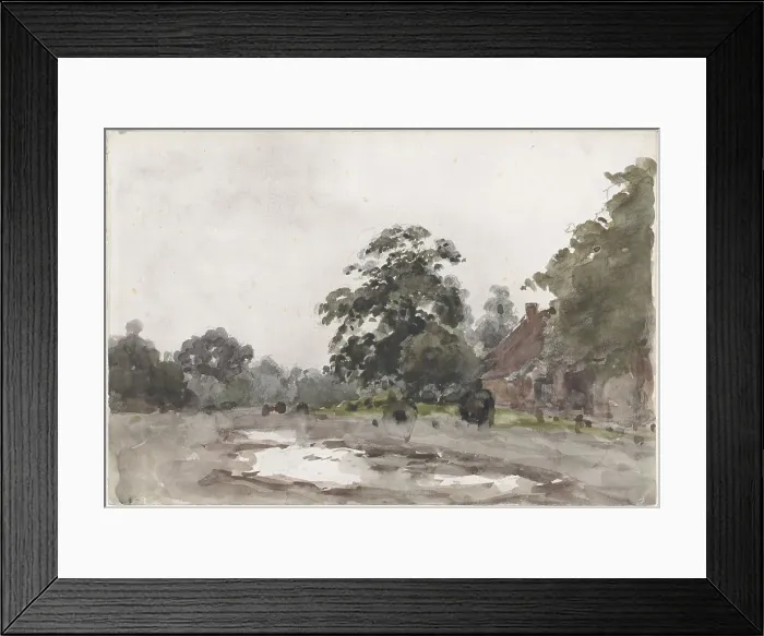 Framed Print : Farmyard under tall trees with water in the foreground, 1845-1925. Creator: Julius Jacobus van de Sande Bakhuyzen Framed Print : Farmyard under tall trees with water in the foreground, 1845-1925. Creator: Julius Jacobus van de Sande Bakhuyzen
