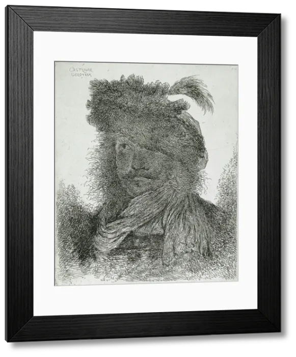Framed Print : Man Wearing a Plumed Fur Cap and a Scarf, between circa 1647 and circa 1651. Creator: Giovanni Benedetto Castiglione Framed Print : Man Wearing a Plumed Fur Cap and a Scarf, between circa 1647 and circa 1651. Creator: Giovanni Benedetto Castiglione