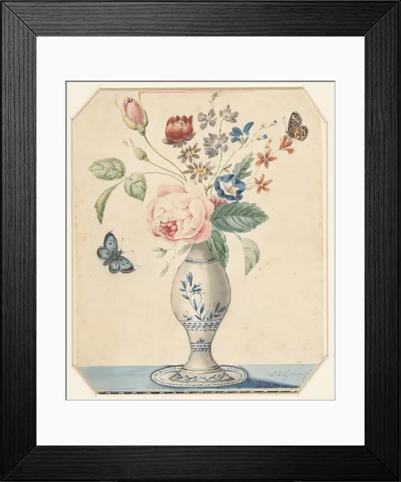 Framed Print : Vase with flowers and a blue butterfly, 1800-1900. Creator: LW Garrison Framed Print : Vase with flowers and a blue butterfly, 1800-1900. Creator: LW Garrison