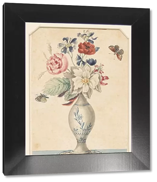 Vase with flowers and a grey-yellow butterfly, 1800-1900. Creator: LW Garrison
