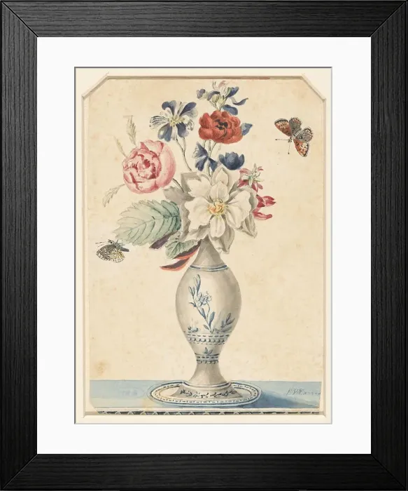 Framed Print : Vase with flowers and a grey-yellow butterfly, 1800-1900. Creator: LW Garrison Framed Print : Vase with flowers and a grey-yellow butterfly, 1800-1900. Creator: LW Garrison