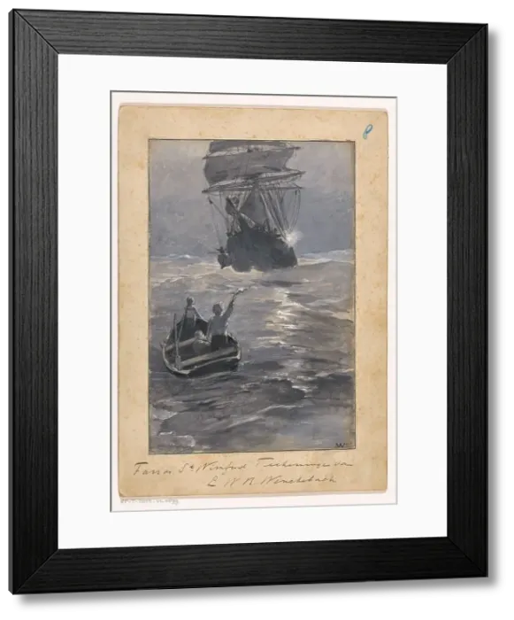 Framed Print : Boys signal to a ship from a sinking rowing boat, in or before 1894. Creator: Willem Wenckebach Framed Print : Boys signal to a ship from a sinking rowing boat, in or before 1894. Creator: Willem Wenckebach
