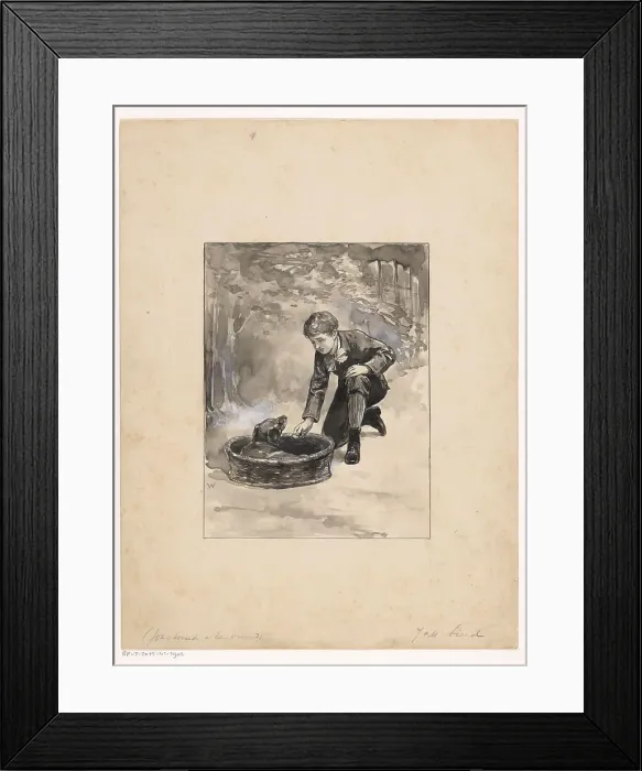 Framed Print : Boy kneels down to dog in a basket, 1870-1937 Creator: Willem Wenckebach Framed Print : Boy kneels down to dog in a basket, 1870-1937 Creator: Willem Wenckebach