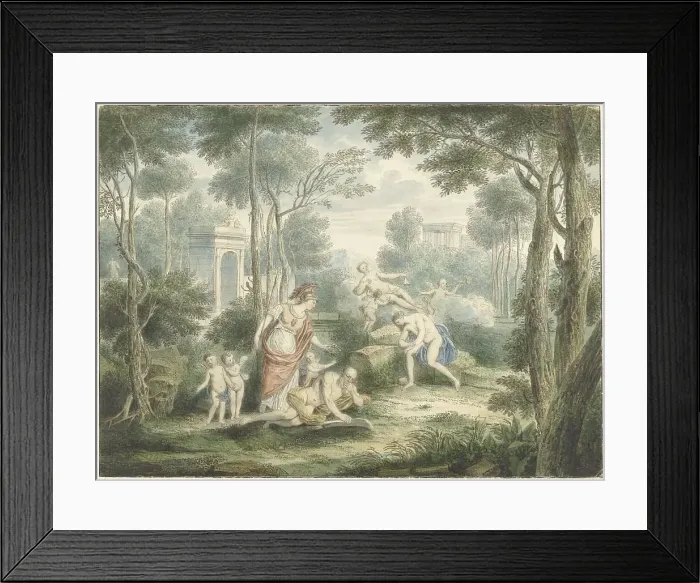 Framed Print : Arcadian landscape with Athena crowning an old man, and Venus and Adonis, 1747. Creator: Louis Fabritius Dubourg Framed Print : Arcadian landscape with Athena crowning an old man, and Venus and Adonis, 1747. Creator: Louis Fabritius Dubourg