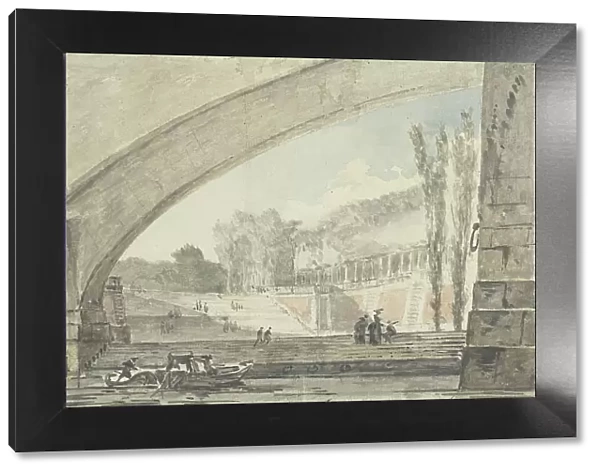 View under a bridge to terraces and a staircase, 1750-1806. Creator: Louis Gabriel Moreau
