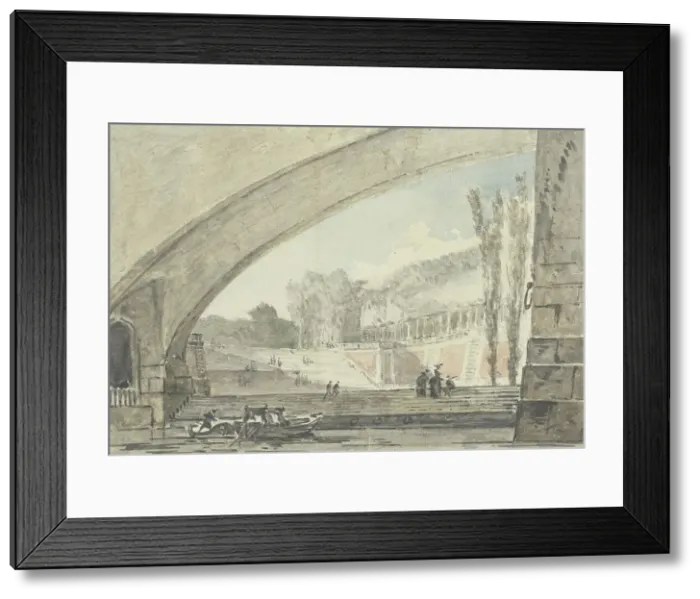 Framed Print : View under a bridge to terraces and a staircase, 1750-1806. Creator: Louis Gabriel Moreau Framed Print : View under a bridge to terraces and a staircase, 1750-1806. Creator: Louis Gabriel Moreau