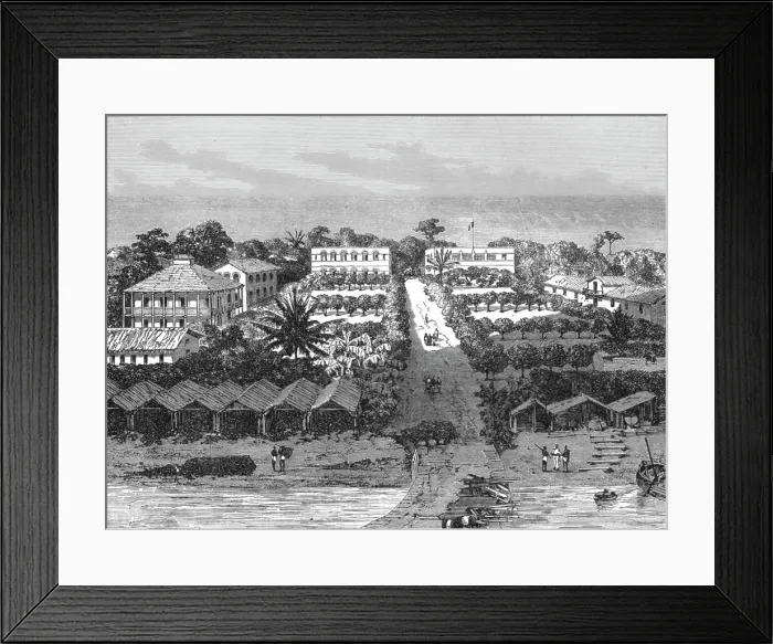 Framed Print : Birds-eye view of the Gaboon settlement; The Gaboon. 1875. Creator: Unknown Framed Print : Birds-eye view of the Gaboon settlement; The Gaboon. 1875. Creator: Unknown