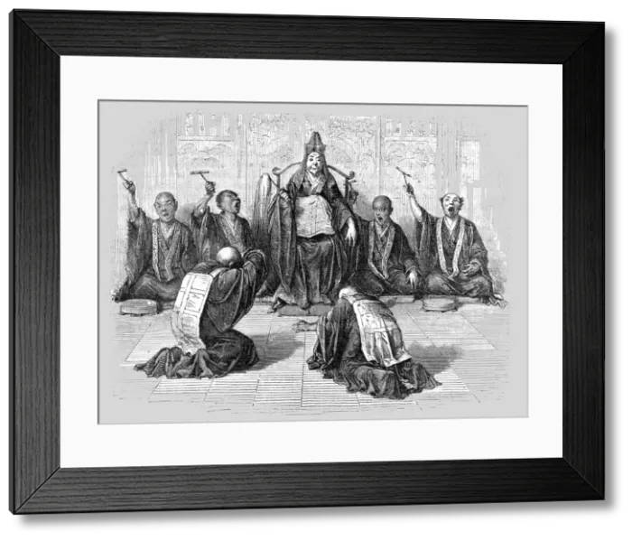 Framed Print : Buddhist high-priest worshipped by his subordinates; A European Sojourn in Japan, 1875. Creator: Unknown Framed Print : Buddhist high-priest worshipped by his subordinates; A European Sojourn in Japan, 1875. Creator: Unknown