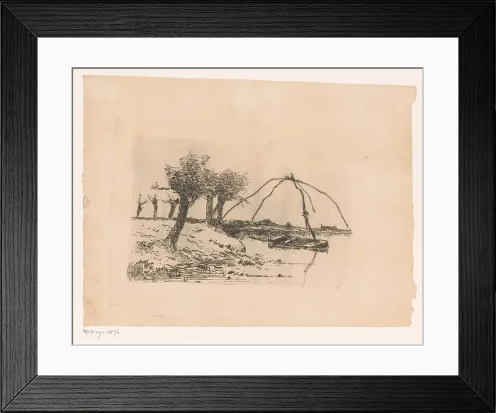 Framed Print : Landscape with knot willows, a rowing boat in the water with a totebel, 1854-1911. Creator: Adrien Le Mayeur de Merprés