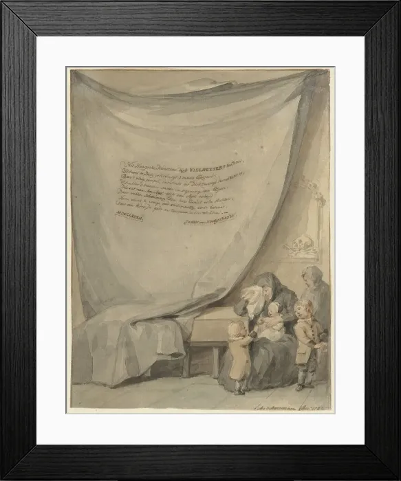 Framed Print : Widow with four children and a coffin, 1782. Creator: Aert Schouman Framed Print : Widow with four children and a coffin, 1782. Creator: Aert Schouman