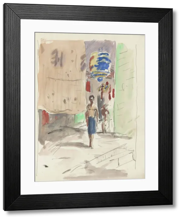 Framed Print : Street with a lantern and figures, 1931. Creator: Marius Bauer Framed Print : Street with a lantern and figures, 1931. Creator: Marius Bauer