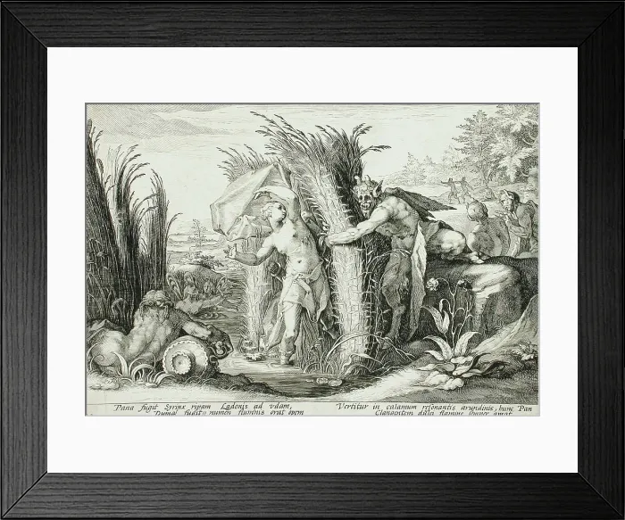 Framed Print : Pan Pursuing Syrinx, Who Is Changed into a Reed, published 1589. Creator: Hendrik Goltzius Framed Print : Pan Pursuing Syrinx, Who Is Changed into a Reed, published 1589. Creator: Hendrik Goltzius