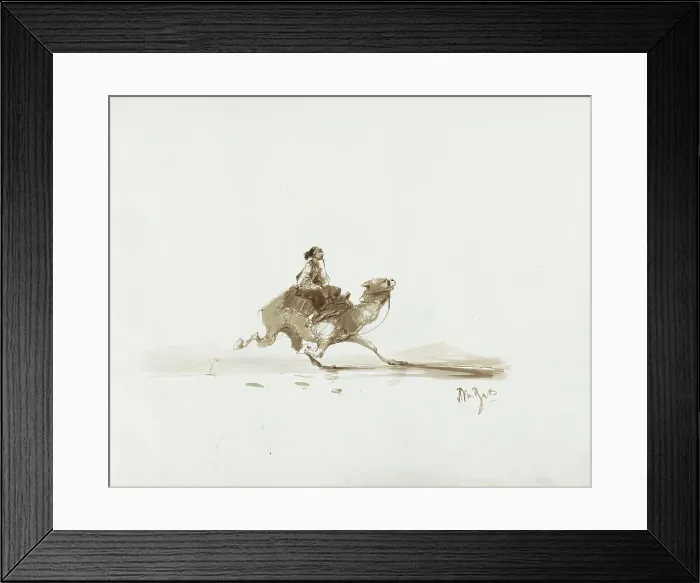 Framed Print : Man on a running camel in a desert landscape, 1830-1860. Creator: Albertus van Beest Framed Print : Man on a running camel in a desert landscape, 1830-1860. Creator: Albertus van Beest