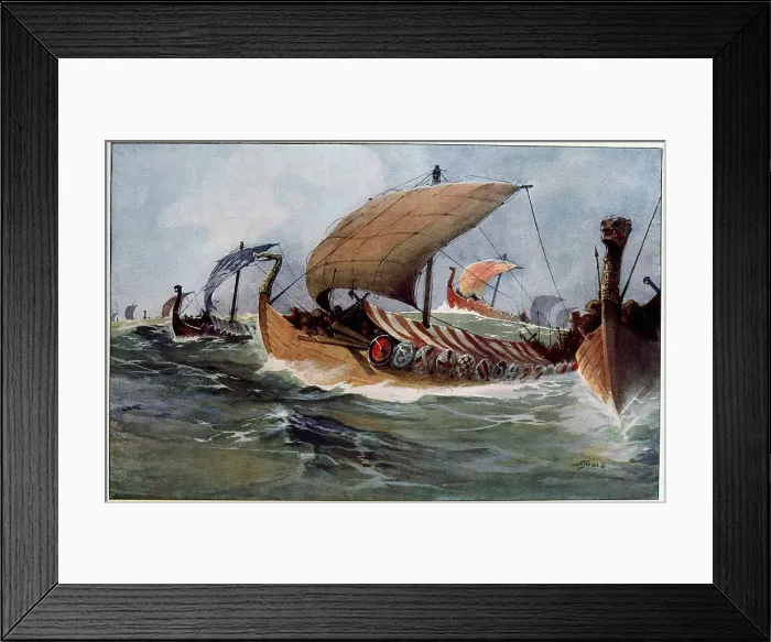 Framed Print : Viking longships under sail. Artist: Albert Sebille Framed Print : Viking longships under sail. Artist: Albert Sebille