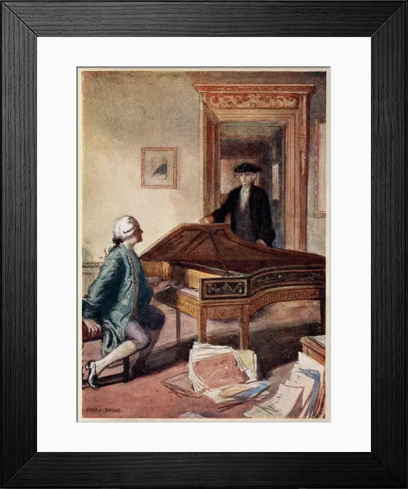 Framed Print : Mozart and the mysterious stranger, 1791, (c1914). Artist: Charles A Buchel Framed Print : Mozart and the mysterious stranger, 1791, (c1914). Artist: Charles A Buchel