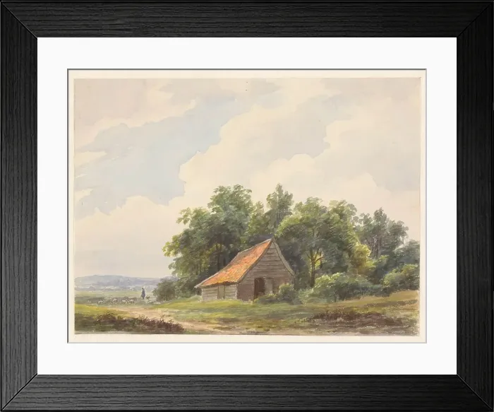 Framed Print : Landscape with barn and in the distance a shepherd with sheep, 1797-1870. Creator: Andreas Schelfhout Framed Print : Landscape with barn and in the distance a shepherd with sheep, 1797-1870. Creator: Andreas Schelfhout