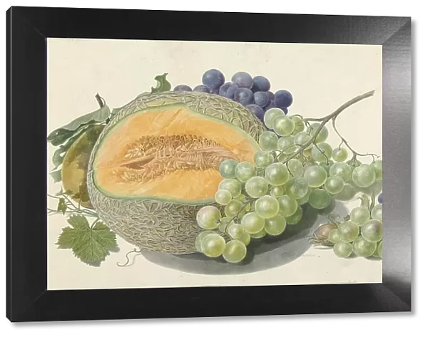 A Melon, Bunches of Grapes, a Peach and Hazelnuts, 1714-1760. Creator: Michiel van Huysum