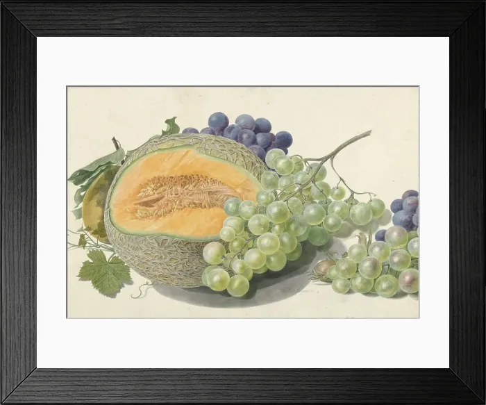 Framed Print : A Melon, Bunches of Grapes, a Peach and Hazelnuts, 1714-1760. Creator: Michiel van Huysum Framed Print : A Melon, Bunches of Grapes, a Peach and Hazelnuts, 1714-1760. Creator: Michiel van Huysum