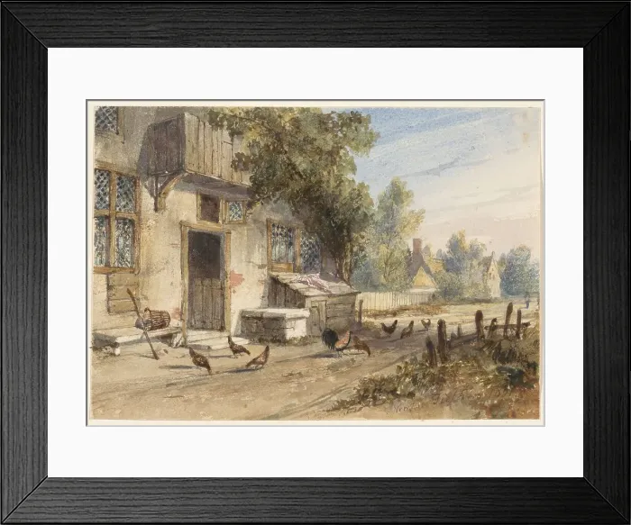 Framed Print : Farmyard with chickens on a country road, 1851. Creator: Newton Smith Limbird Fielding Framed Print : Farmyard with chickens on a country road, 1851. Creator: Newton Smith Limbird Fielding