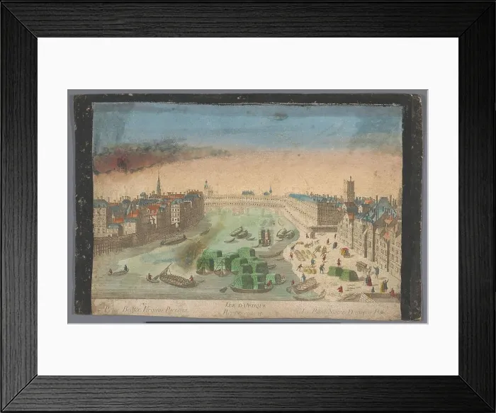 Framed Print : View of the built-up Pont Notre-Dame over the Seine River in Paris, 1700-1799. Creator: Anon Framed Print : View of the built-up Pont Notre-Dame over the Seine River in Paris, 1700-1799. Creator: Anon