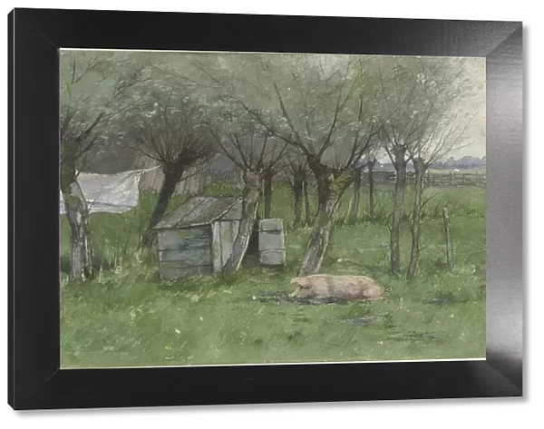 Farmyard with lying pig, 1882. Creator: Nicolaas Bastert