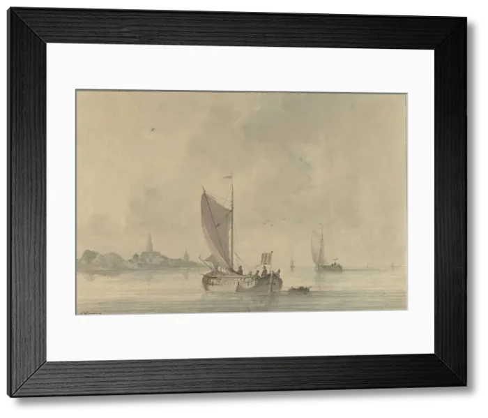 Framed Print : Sailing barges on the water in front of a Dutch town, 1758-1815. Creator: Nicolaas Wicart Framed Print : Sailing barges on the water in front of a Dutch town, 1758-1815. Creator: Nicolaas Wicart