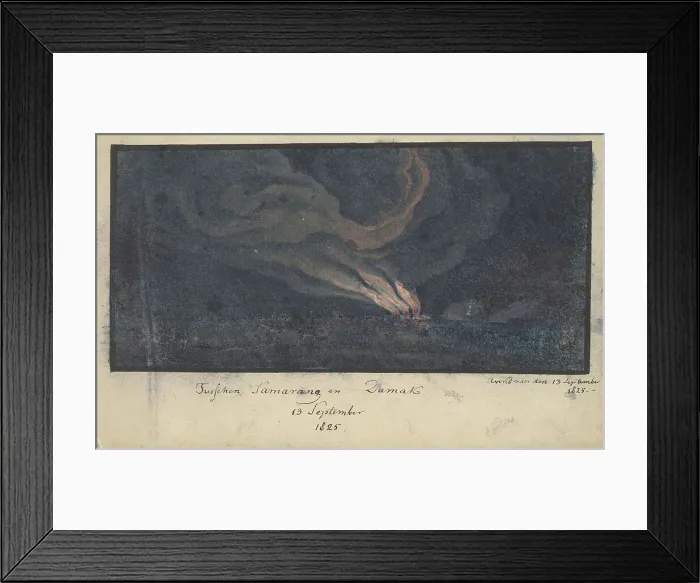 Framed Print : Fire in a landscape in Central Java, 1825, (1825). Creator: Anon Framed Print : Fire in a landscape in Central Java, 1825, (1825). Creator: Anon