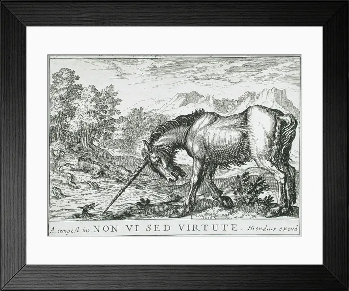 Framed Print : A Unicorn Chasing Lizards from a Pond, 1610. Creator: Hendrick Hondius I Framed Print : A Unicorn Chasing Lizards from a Pond, 1610. Creator: Hendrick Hondius I