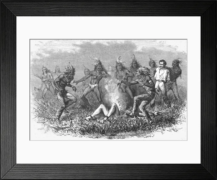 Framed Print : Sioux Indians burning a prisoner; Ocean to Ocean, the Pacific railroad, 1875. Creator: Frederick Whymper Framed Print : Sioux Indians burning a prisoner; Ocean to Ocean, the Pacific railroad, 1875. Creator: Frederick Whymper