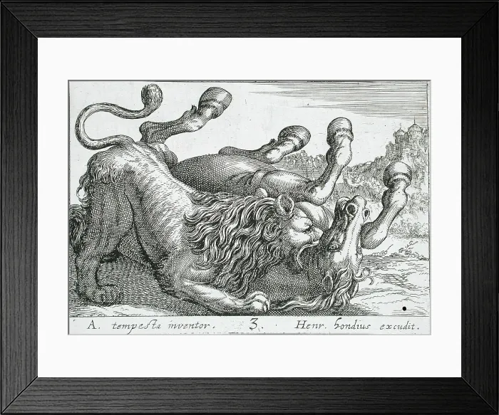 Framed Print : A Lion Biting a Horse's Neck, 1610. Creator: Hendrick Hondius I