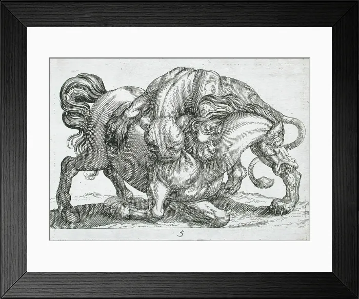 Framed Print : A Lion Attacking a Horse, 1610. Creator: Hendrick Hondius I Framed Print : A Lion Attacking a Horse, 1610. Creator: Hendrick Hondius I