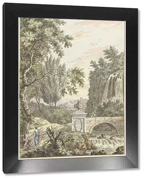 Arcadian forest landscape with a waterfall, a bridge and three young men, 1780. Creator: Dirk Versteegh